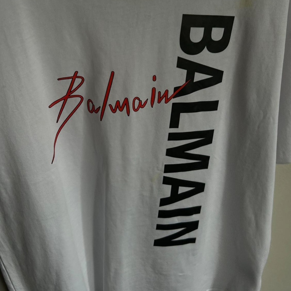 Balmain White Tee with Red Script and Black Print